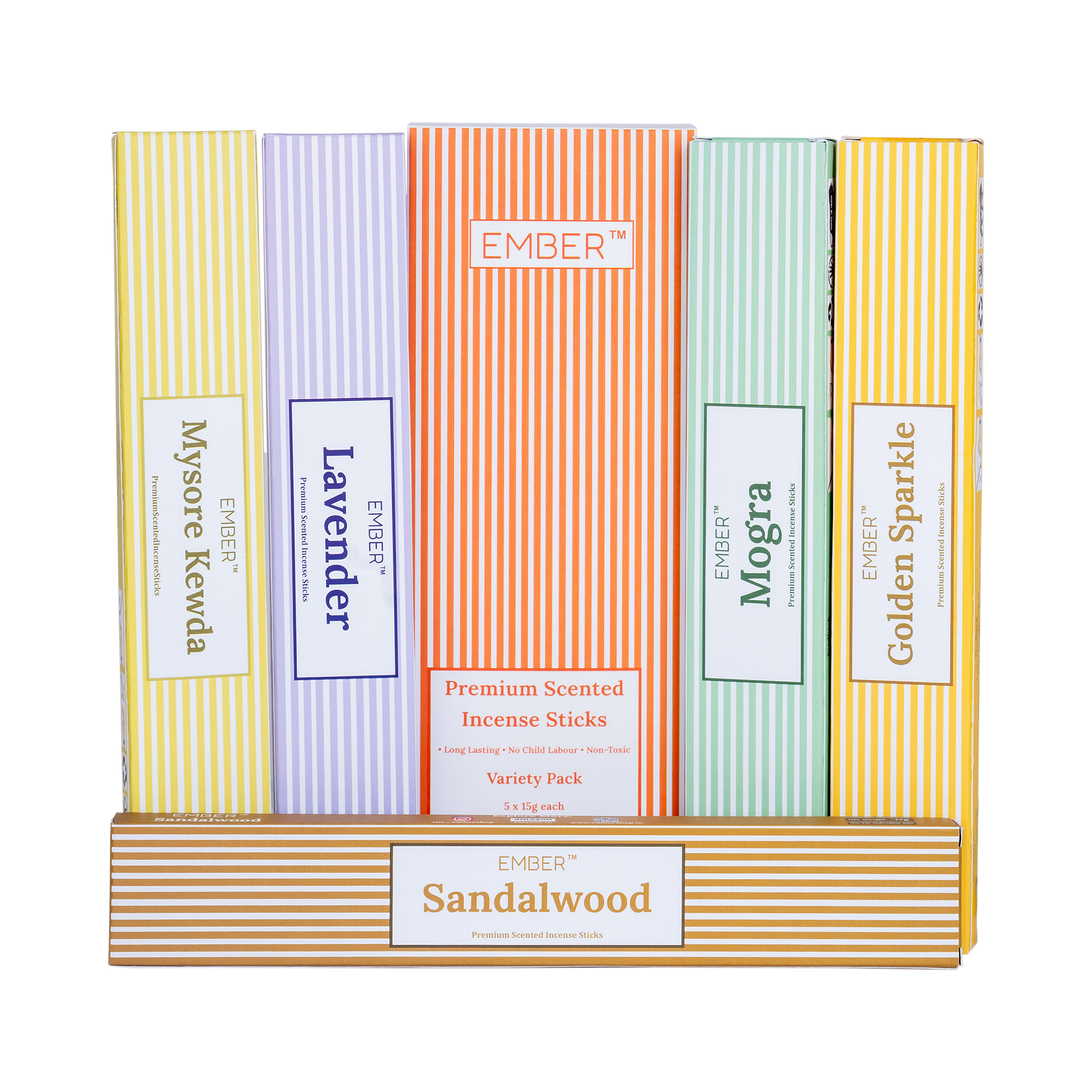 Premium Scented Agarbatti Variety Pack (5 Scents) | EMBER™ Scented Incense Sticks (75g)